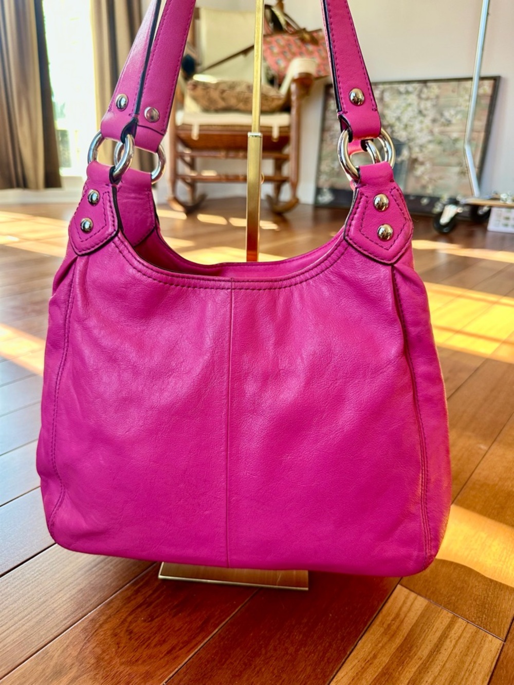 Coach Ashley Leather Hobo Shoulder Bag in Fuchsia with Tan Satin Interior - Picture 3 of 14
